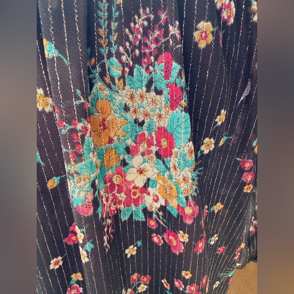 Vintage 90’s sheer black floral button front blouse top gold metallic large - Picture 5 of 12